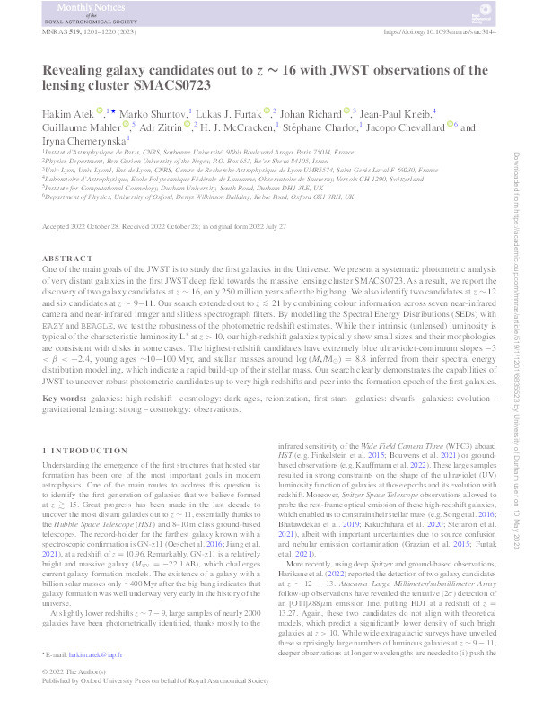 Revealing galaxy candidates out to z ∼ 16 with JWST observations of the lensing cluster SMACS0723 Thumbnail