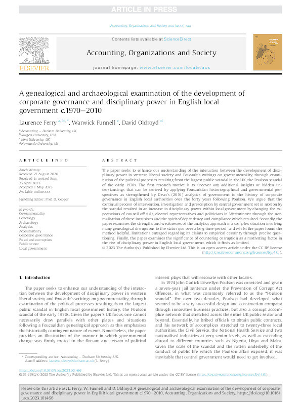 A genealogical and archaeological examination of the development of corporate governance and disciplinary power in English local government c.1970-2010 Thumbnail