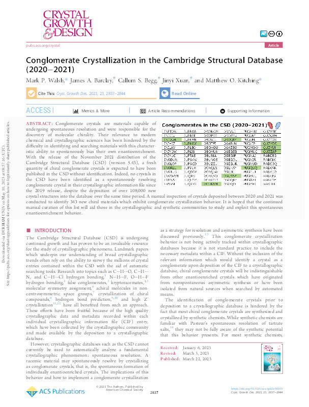 Conglomerate Crystallization in the Cambridge Structural Database (2020–2021) Thumbnail