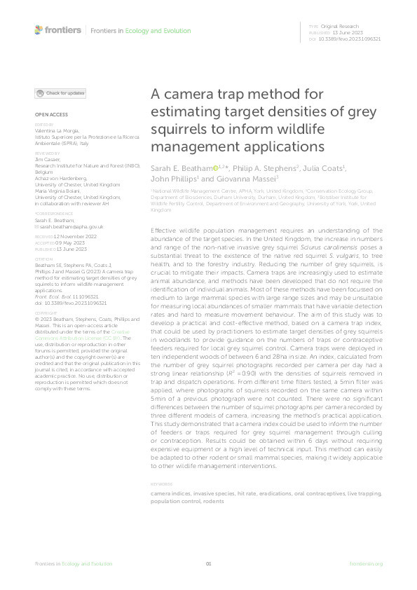 A camera trap method for estimating target densities of grey squirrels to inform wildlife management applications Thumbnail