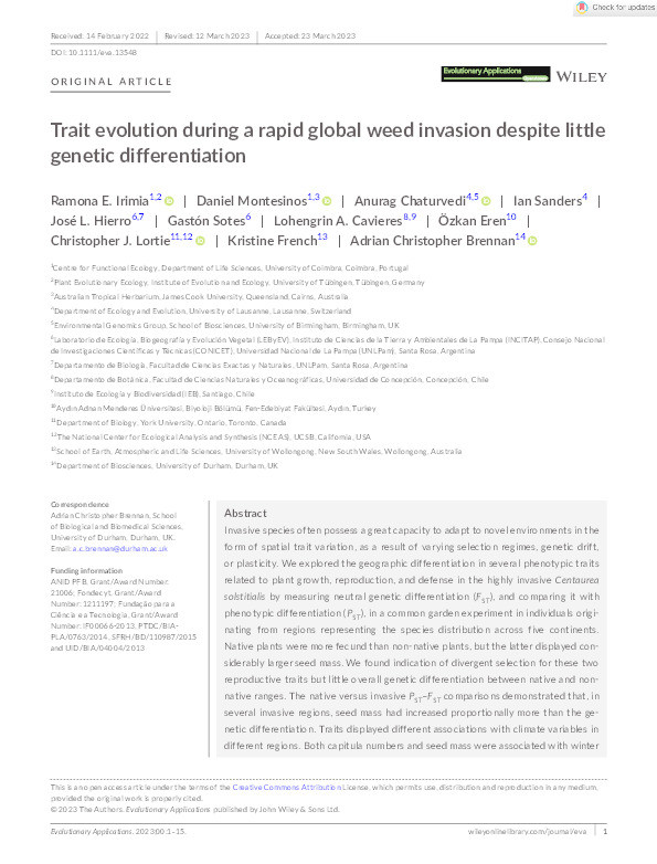 Trait evolution during a rapid global weed invasion despite little genetic differentiation Thumbnail