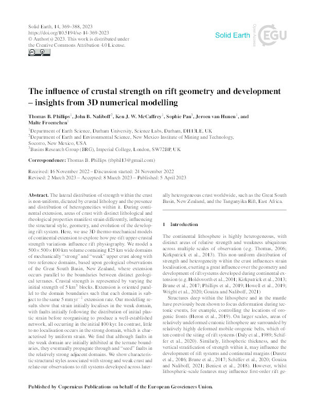 The influence of crustal strength on rift geometry and development – insights from 3D numerical modelling Thumbnail