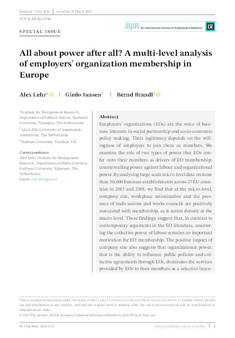 All about power after all? A multilevel analysis of employers’ organization membership in Europe Thumbnail