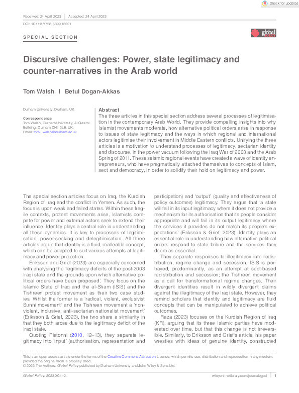 Discursive challenges: Power, state legitimacy and counter‐narratives in the Arab world Thumbnail