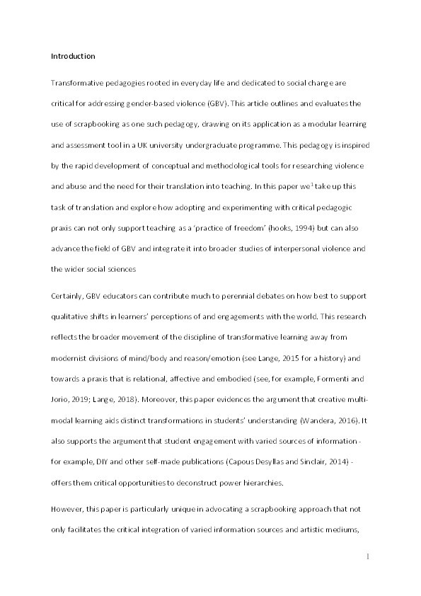 Teaching for social change: introducing ‘scrapbooking’ as a pedagogic approach towards ending gender-based violence Thumbnail