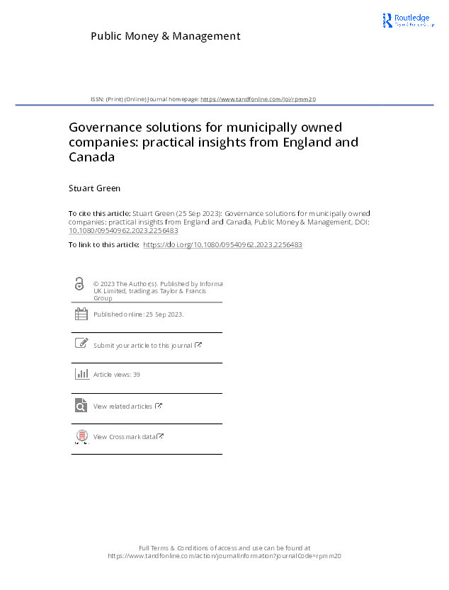 Governance solutions for municipally owned companies: practical insights from England and Canada Thumbnail