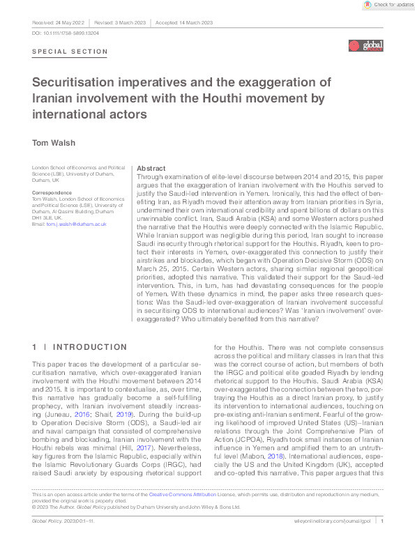 Securitisation imperatives and the exaggeration of Iranian involvement with the Houthi movement by international actors Thumbnail