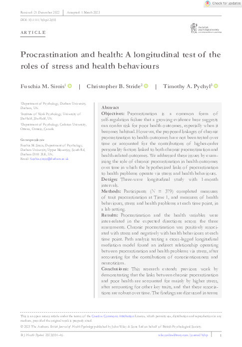 Procrastination and health: A longitudinal test of the roles of stress and health behaviours Thumbnail
