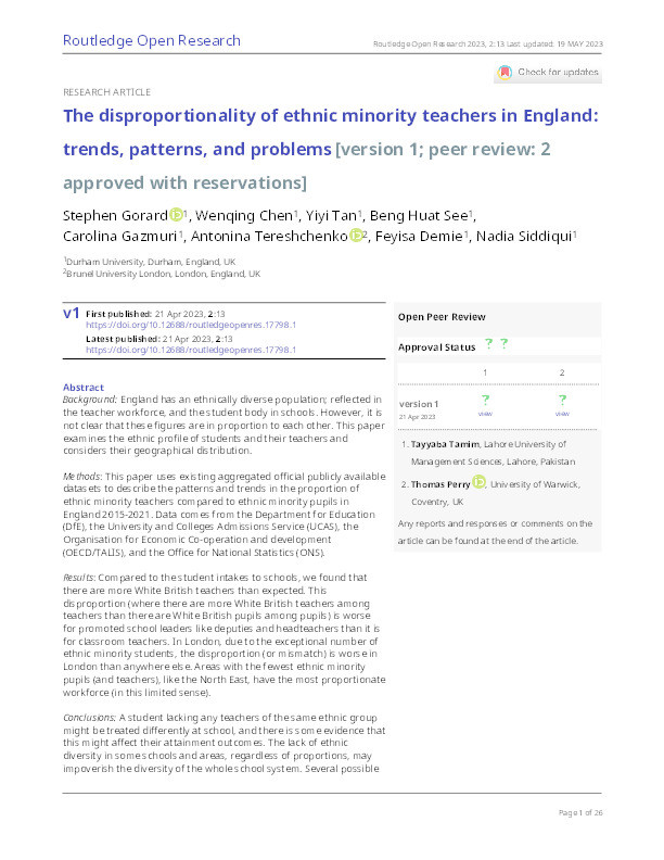 The disproportionality of ethnic minority teachers in England: trends, patterns, and problems Thumbnail