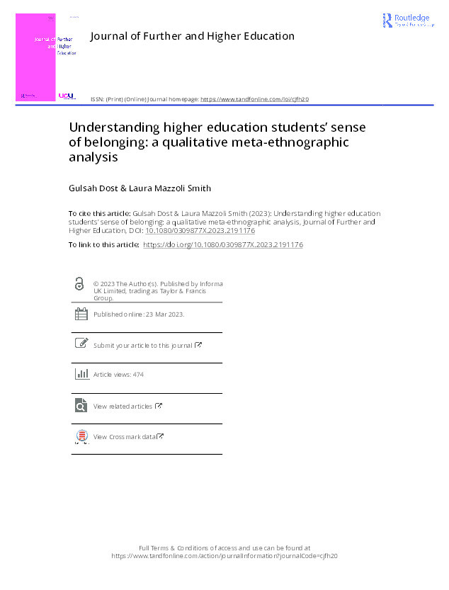 Understanding higher education students’ sense of belonging: a qualitative meta-ethnographic analysis Thumbnail