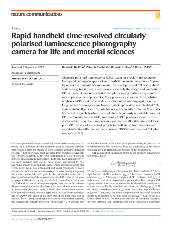 Rapid handheld time-resolved circularly polarised luminescence photography camera for life and material sciences Thumbnail
