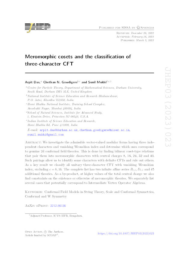 Meromorphic cosets and the classification of three-character CFT Thumbnail