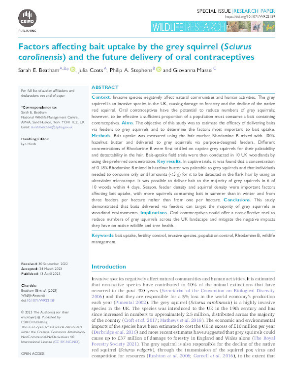 Factors affecting bait uptake by the grey squirrel (Sciurus carolinensis) and the future delivery of oral contraceptives Thumbnail