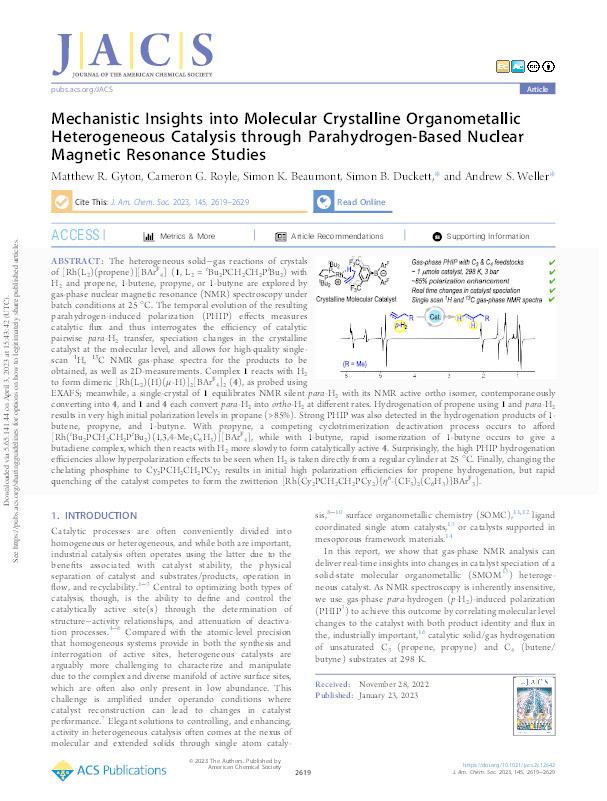 Mechanistic Insights into Molecular Crystalline Organometallic Heterogeneous Catalysis through Parahydrogen-Based Nuclear Magnetic Resonance Studies Thumbnail