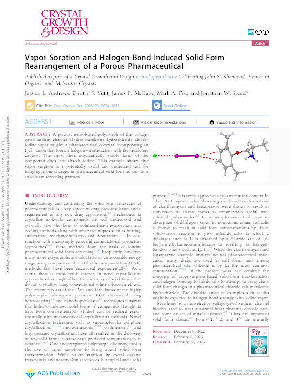 Vapor Sorption and Halogen-Bond-Induced Solid-Form Rearrangement of a Porous Pharmaceutical Thumbnail
