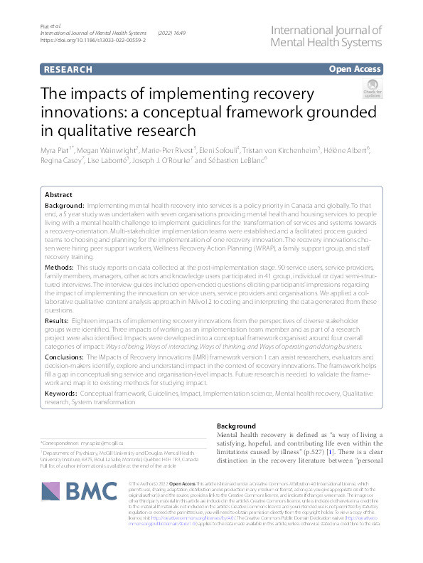 The impacts of implementing recovery innovations: a conceptual framework grounded in qualitative research Thumbnail