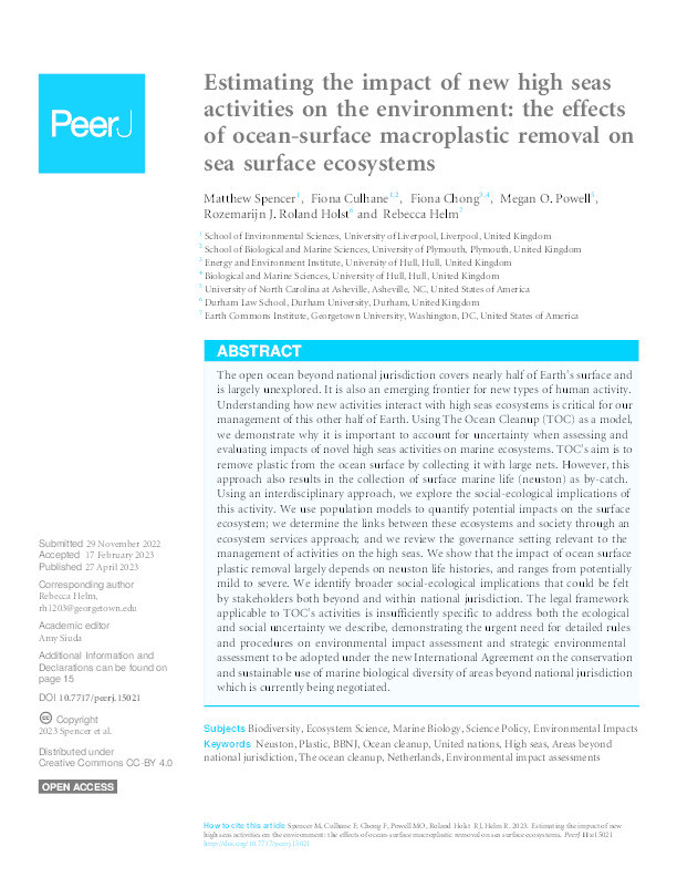 Estimating the impact of new high seas activities on the environment: the effects of ocean-surface macroplastic removal on sea surface ecosystems Thumbnail