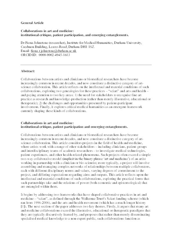 Collaborations in art and medicine: institutional critique, patient participation, and emerging entanglements Thumbnail