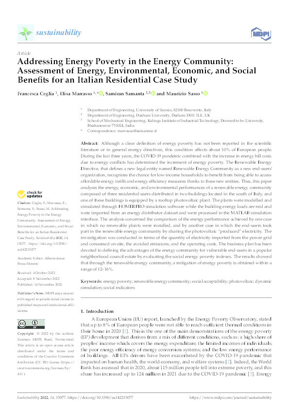 Addressing Energy Poverty in the Energy Community: Assessment of Energy, Environmental, Economic, and Social Benefits for an Italian Residential Case Study Thumbnail