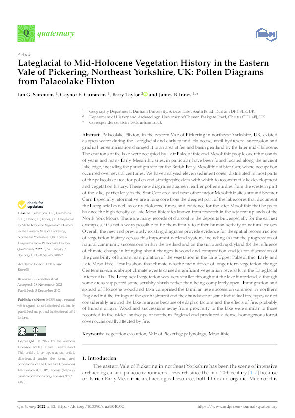 Lateglacial to Mid-Holocene Vegetation History in the Eastern Vale of Pickering, Northeast Yorkshire, UK: Pollen Diagrams from Palaeolake Flixton Thumbnail