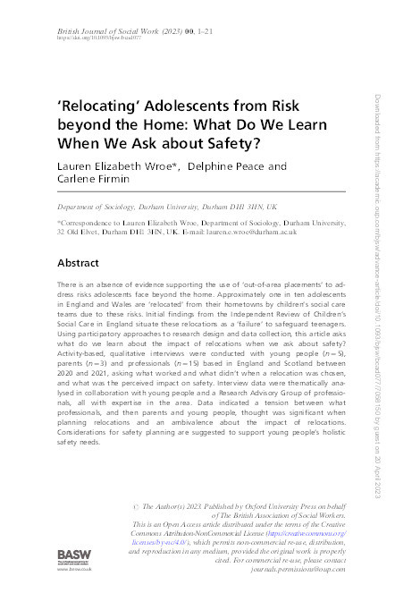 ‘Relocating’ Adolescents from Risk beyond the Home: What Do We Learn When We Ask about Safety? Thumbnail