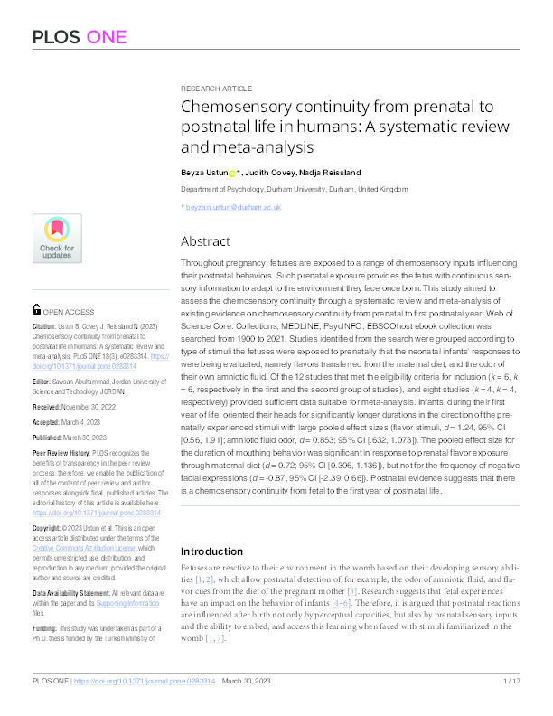 Chemosensory continuity from prenatal to postnatal life in humans: A systematic review and meta-analysis Thumbnail