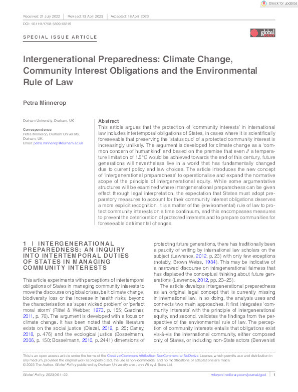 Intergenerational Preparedness: Climate Change, Community Interest Obligations, and the Environmental Rule of Law Thumbnail