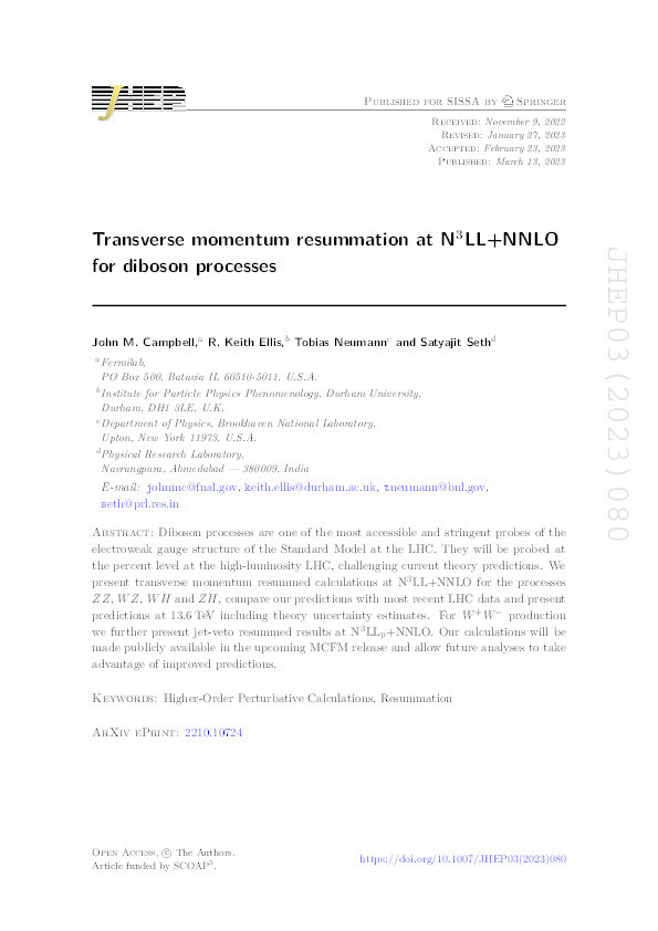 Transverse momentum resummation at N3LL+NNLO for diboson processes Thumbnail