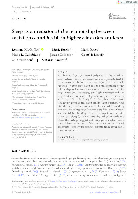 Sleep as a mediator of the relationship between social class and health in higher education students Thumbnail