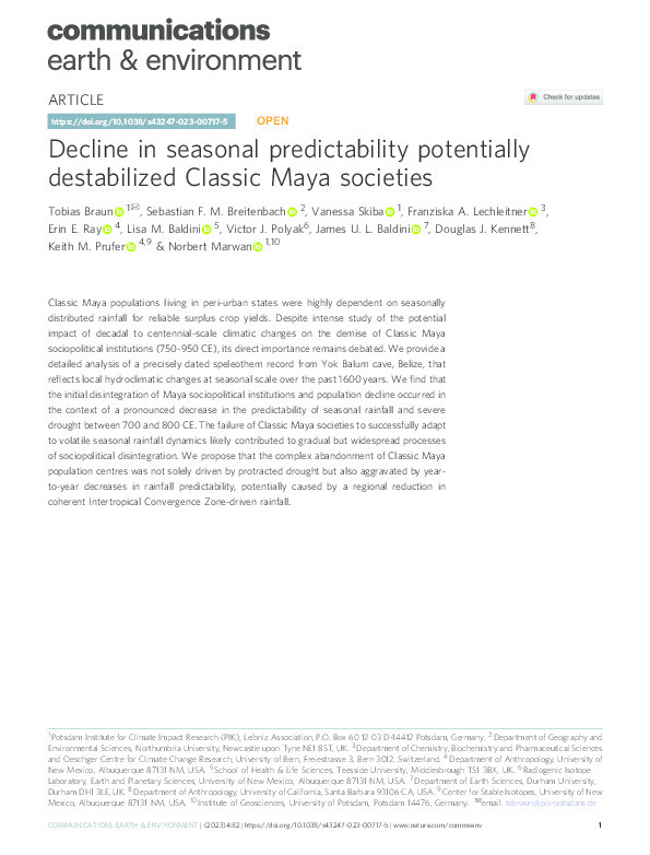 Decline in seasonal predictability potentially destabilized Classic Maya societies Thumbnail