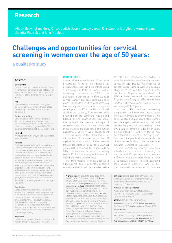 Challenges and opportunities for cervical screening in women over the age of 50 years: a qualitative study Thumbnail