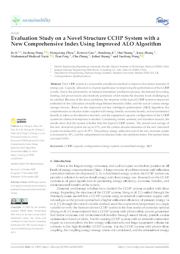 Evaluation Study on a Novel Structure CCHP System with a New Comprehensive Index Using Improved ALO Algorithm Thumbnail