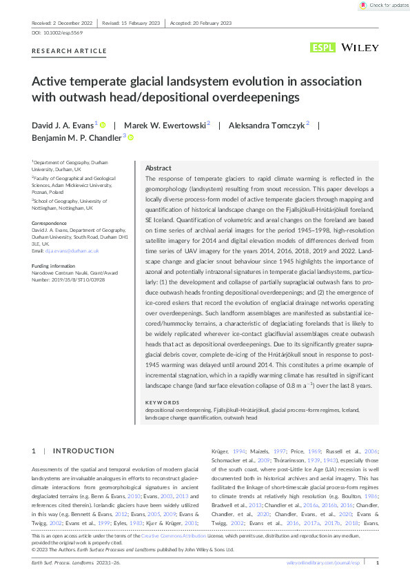 Active temperate glacial landsystem evolution in association with outwash head/depositional overdeepenings Thumbnail