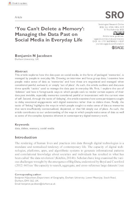 ‘You Can’t Delete a Memory’: Managing the Data Past on Social Media in Everyday Life Thumbnail