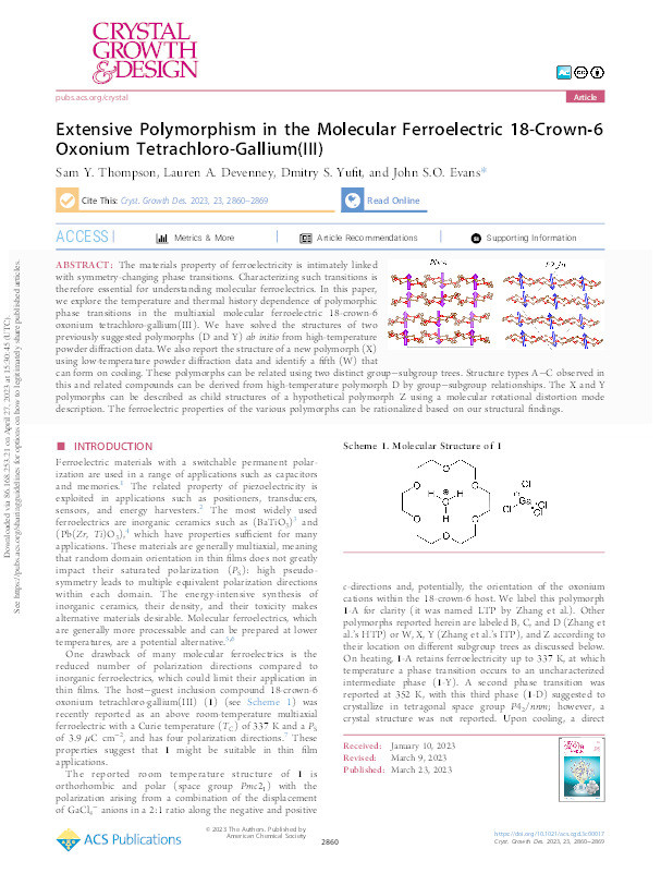 Extensive Polymorphism in the Molecular Ferroelectric 18-Crown-6 Oxonium Tetrachloro-Gallium(III) Thumbnail