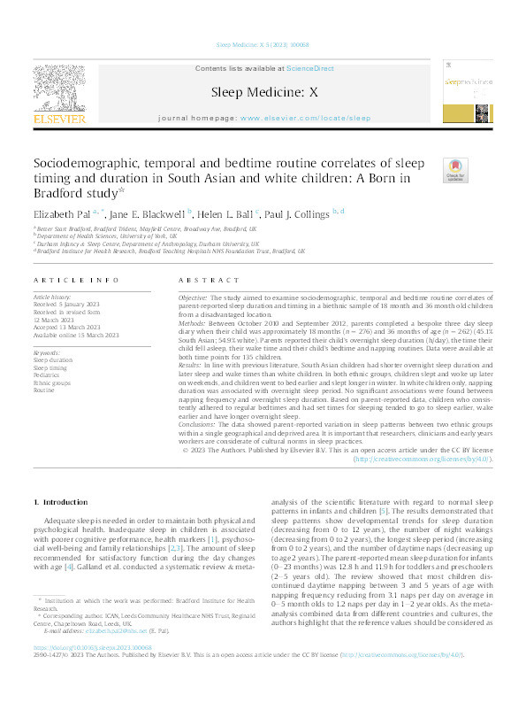 Sociodemographic, temporal and bedtime routine correlates of sleep timing and duration in South Asian and white children: A Born in Bradford study Thumbnail