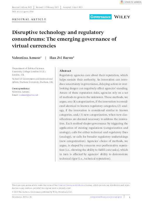 Disruptive technology and regulatory conundrums: The emerging governance of virtual currencies Thumbnail