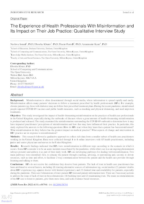 The Experience of Health Professionals With Misinformation and Its Impact on Their Job Practice: Qualitative Interview Study Thumbnail