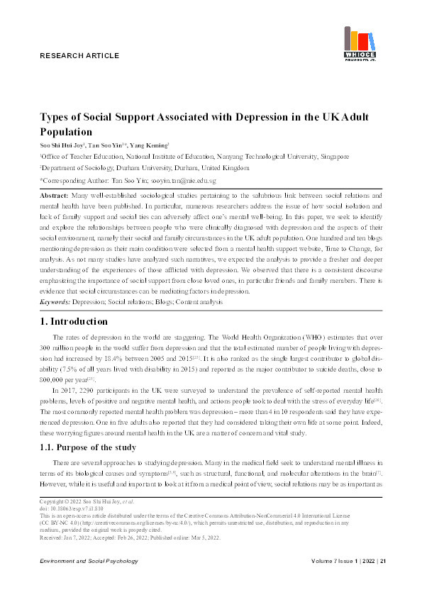Types of Social Support Associated with Depression in the UK Adult Population Thumbnail