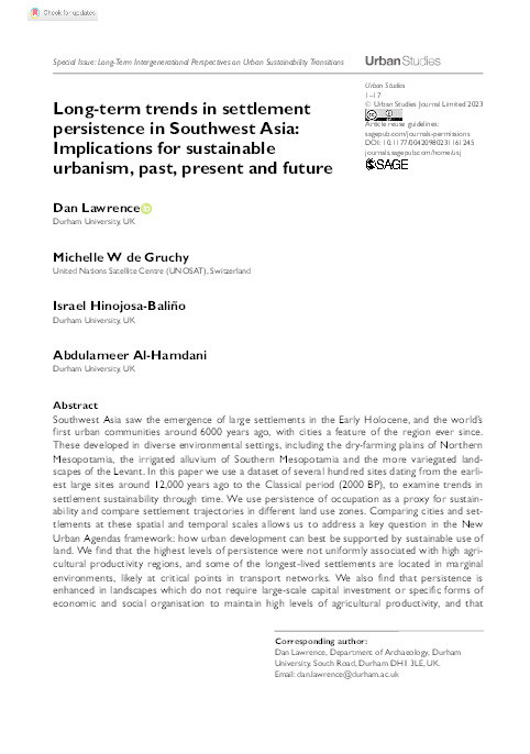 Long-term trends in settlement persistence in Southwest Asia: Implications for sustainable urbanism, past, present and future Thumbnail