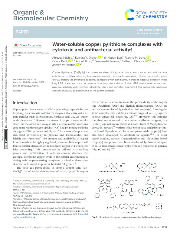 Water-soluble copper pyrithione complexes with cytotoxic and antibacterial activity Thumbnail