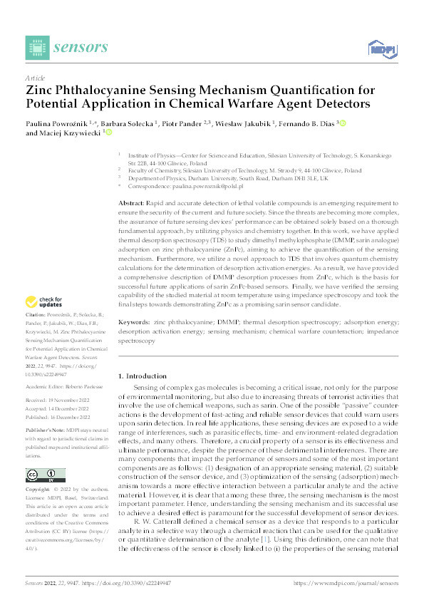 Zinc Phthalocyanine Sensing Mechanism Quantification for Potential Application in Chemical Warfare Agent Detectors Thumbnail