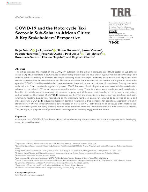 COVID-19 and the Motorcycle Taxi Sector in Sub-Saharan African Cities: A Key Stakeholders’ Perspective Thumbnail