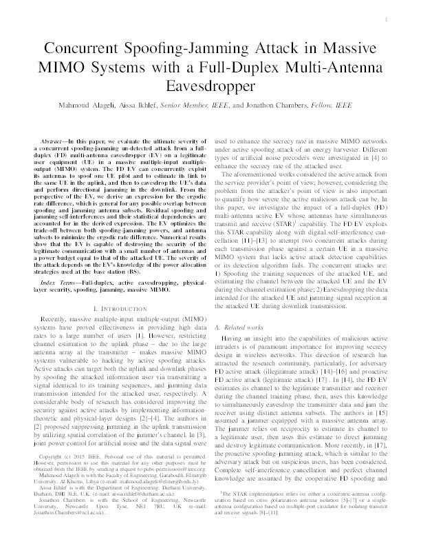 Concurrent Spoofing-Jamming Attack in Massive MIMO Systems with a Full-Duplex Multi-Antenna Eavesdropper Thumbnail