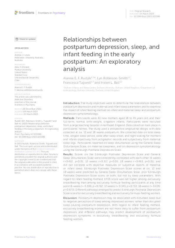 Relationships between postpartum depression, sleep, and infant feeding in the early postpartum: An exploratory analysis Thumbnail