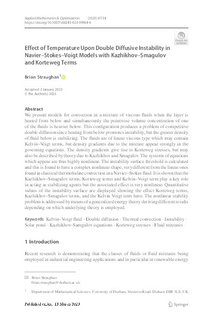 Effect of Temperature Upon Double Diffusive Instability in Navier–Stokes–Voigt Models with Kazhikhov–Smagulov and Korteweg Terms Thumbnail