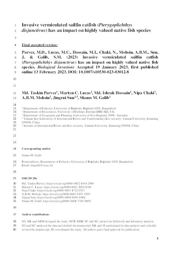 Invasive vermiculated sailfin catfish (Pterygoplichthys disjunctivus) has an impact on highly valued native fish species Thumbnail