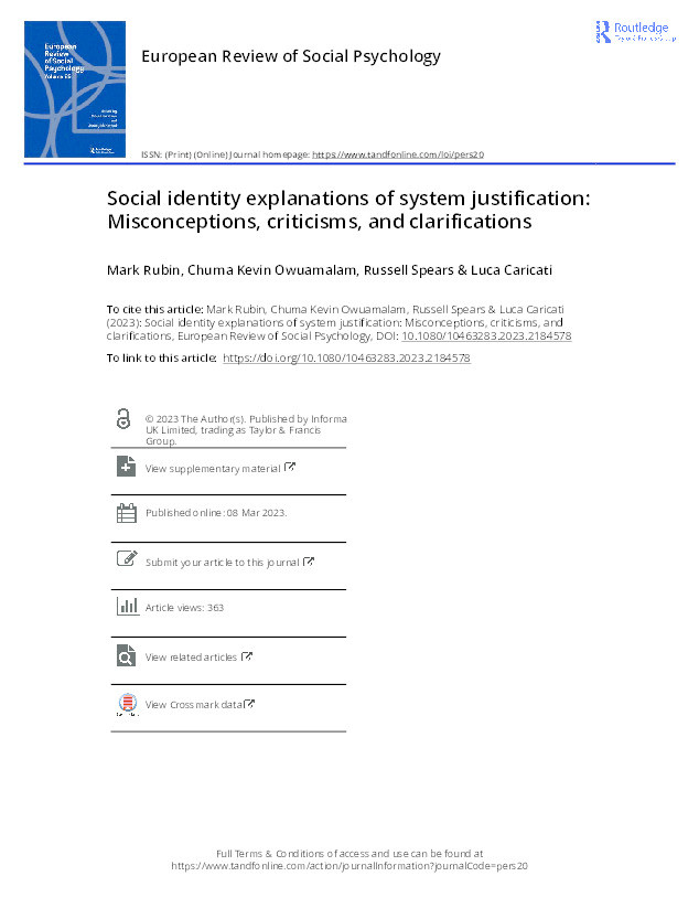 Social identity explanations of system justification: Misconceptions, criticisms, and clarifications Thumbnail