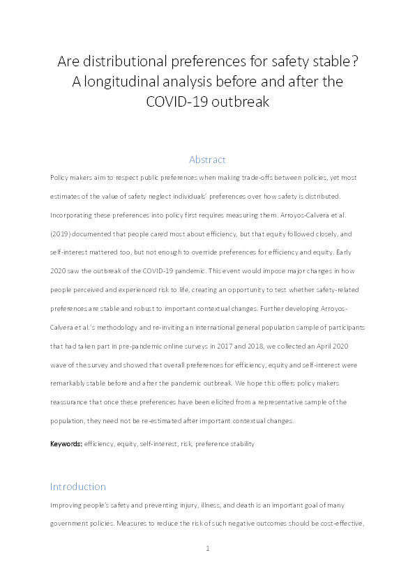 Are distributional preferences for safety stable? A longitudinal analysis before and after the COVID-19 outbreak Thumbnail