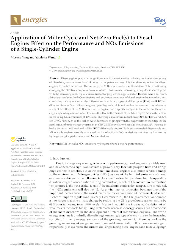Application of Miller Cycle and Net-Zero Fuel(s) to Diesel Engine: Effect on the Performance and NOx Emissions of a Single-Cylinder Engine Thumbnail